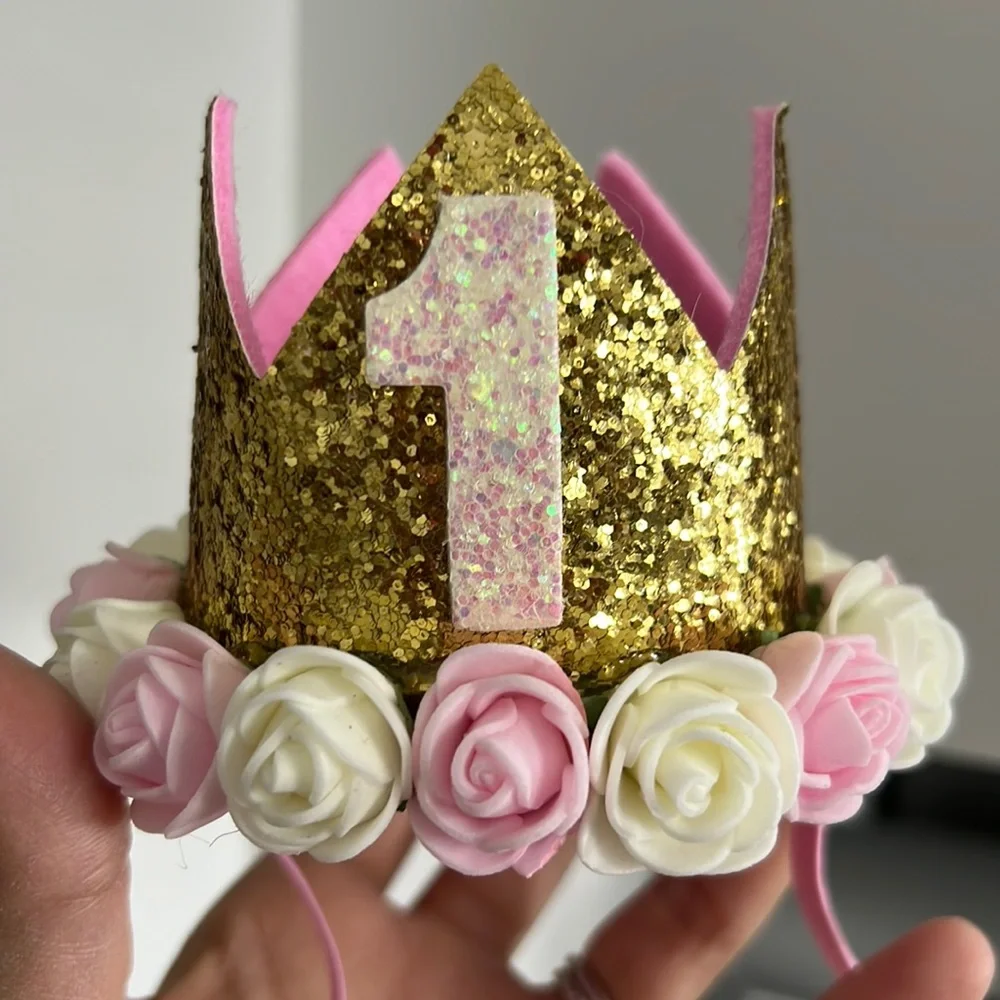 Sparkly Gold 1 Birthday Crown worn once for photo